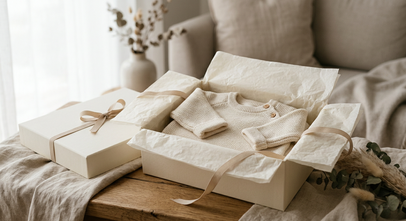 Ivory LIIDIA gift packaging with a folded knitted garment