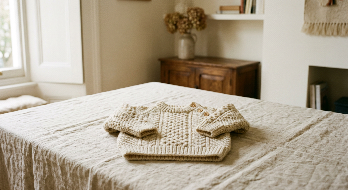 A hand-knitted cream baby jumper resting on linen in soft daylight