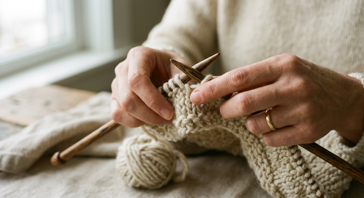 Hands knitting cream wool with wooden needles