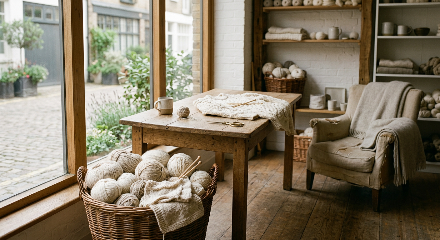 A calm London knitting studio with baskets of wool by a window